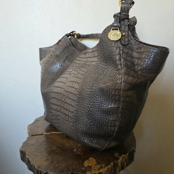 Brahmin Melbourne Anne Hobo Bag Croc Embossed Leather Shoulder Tote Gray Taupe - Picture 15 of 16